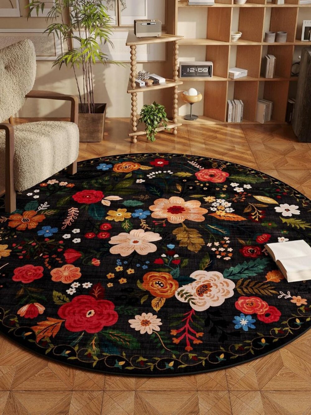 Non Slip Low Pile Boho Floral Small Circular Rug  4 Ft